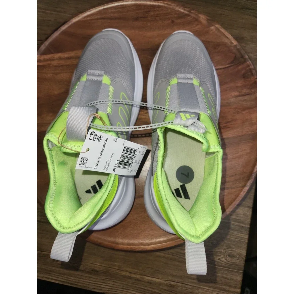 New! Adidas Tensaur Comfort Kids Shoes Grey w/lime green accents US Sz 7 - Picture 10 of 12